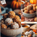 Pumpkin protein balls with oat coating served in a ceramic bowl on a fall table.